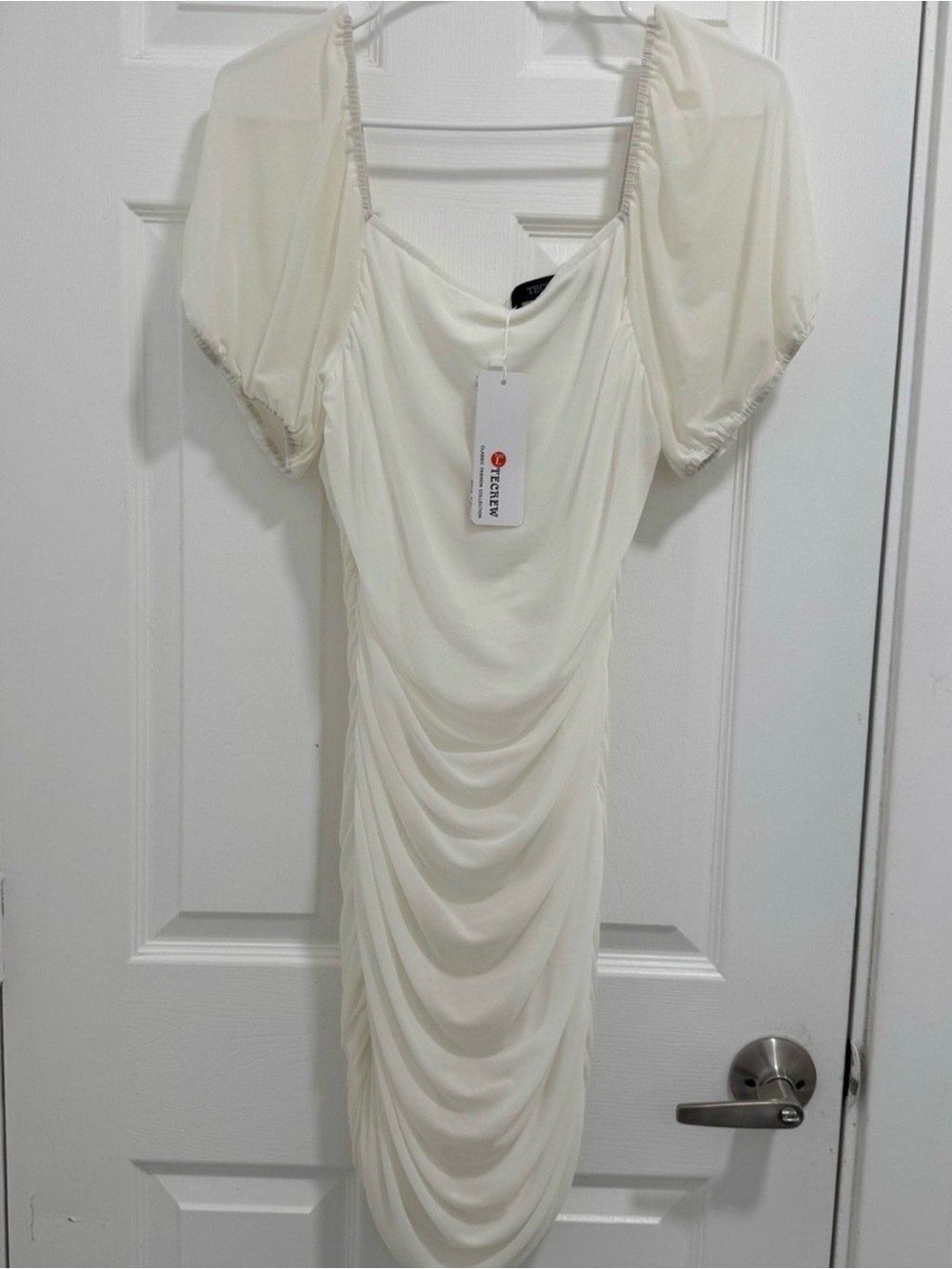 Ruched Cream Midi Dress with Puff Sleeves